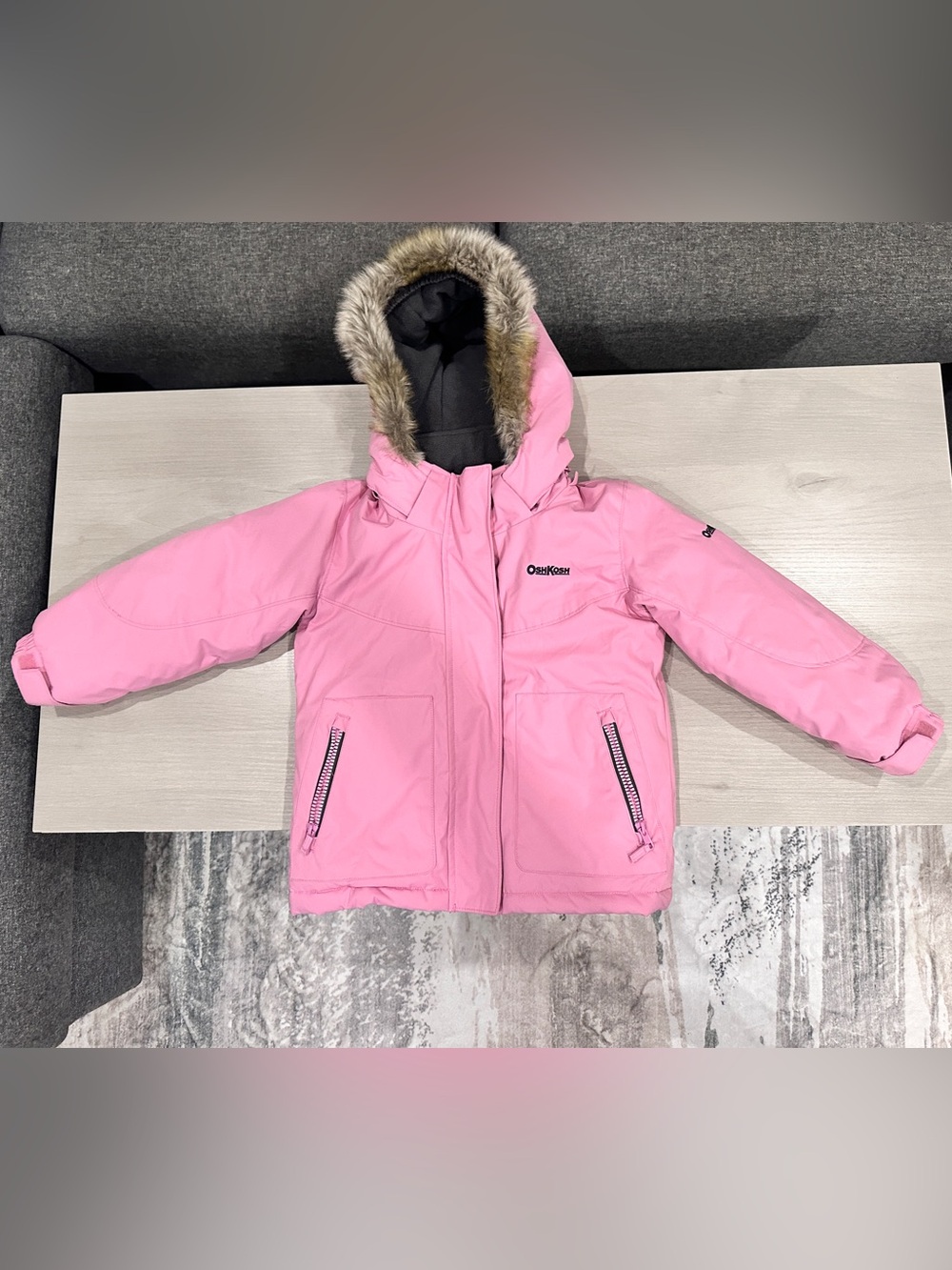 OshKosh B'gosh Light Pink Hooded Winter Jacket with Faux-Fur Trim